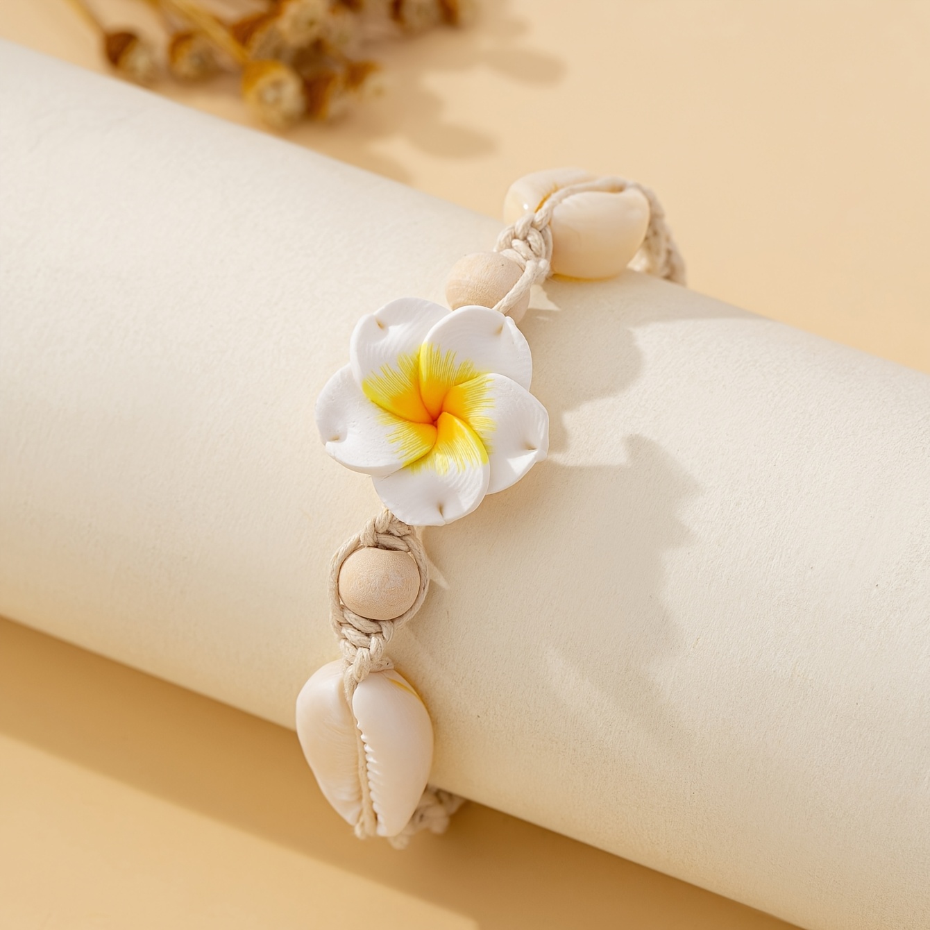 Boho Clay Flower Bracelet with Cowrie Shell Accents